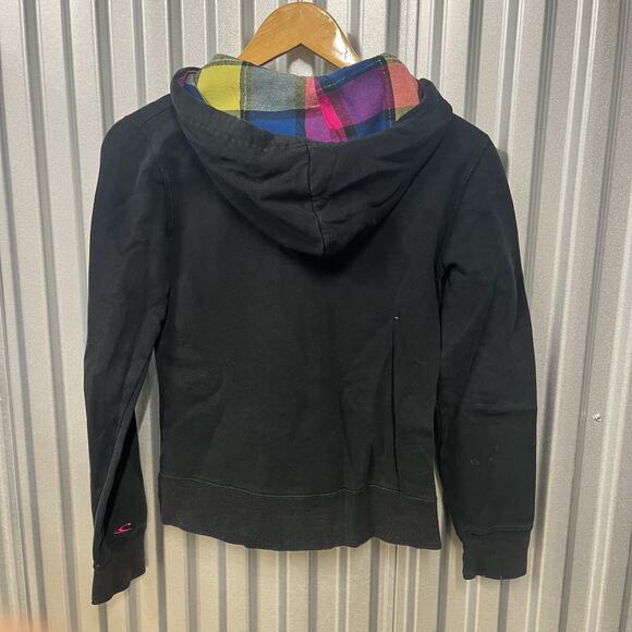 VTG O'Neil Surf Skate Black Graphic Zipup Hoodie Pink Womens Boxy SZ S - Picture 3 of 3